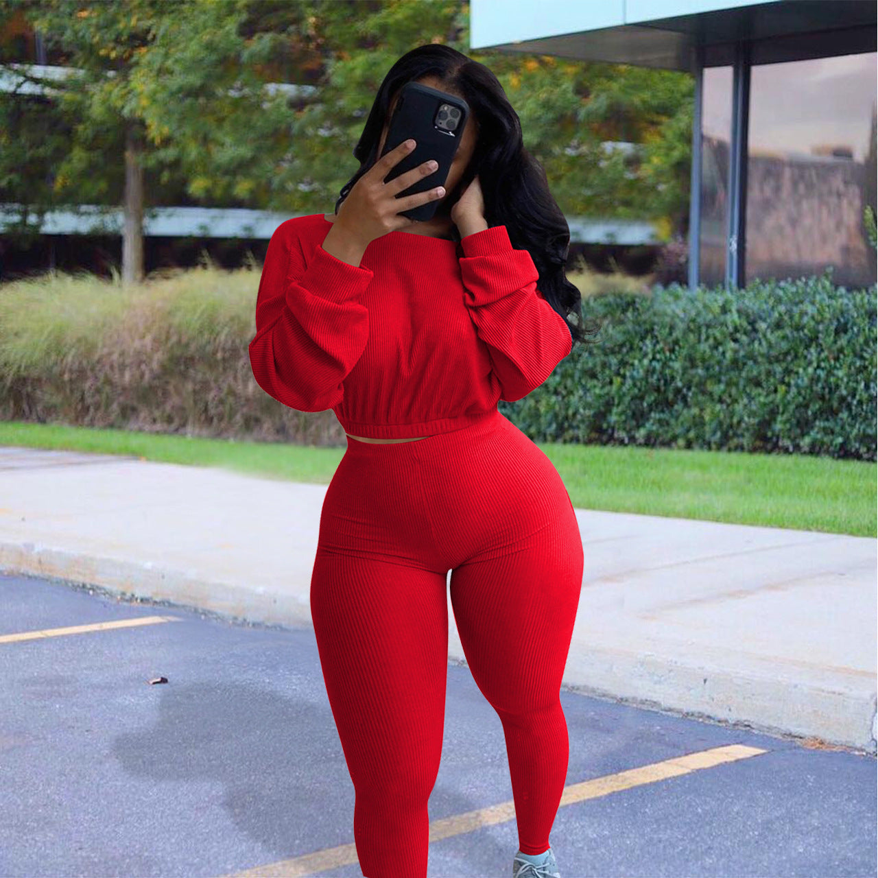 Ladies Fashion Autumn Ribbed Athleisure Suit