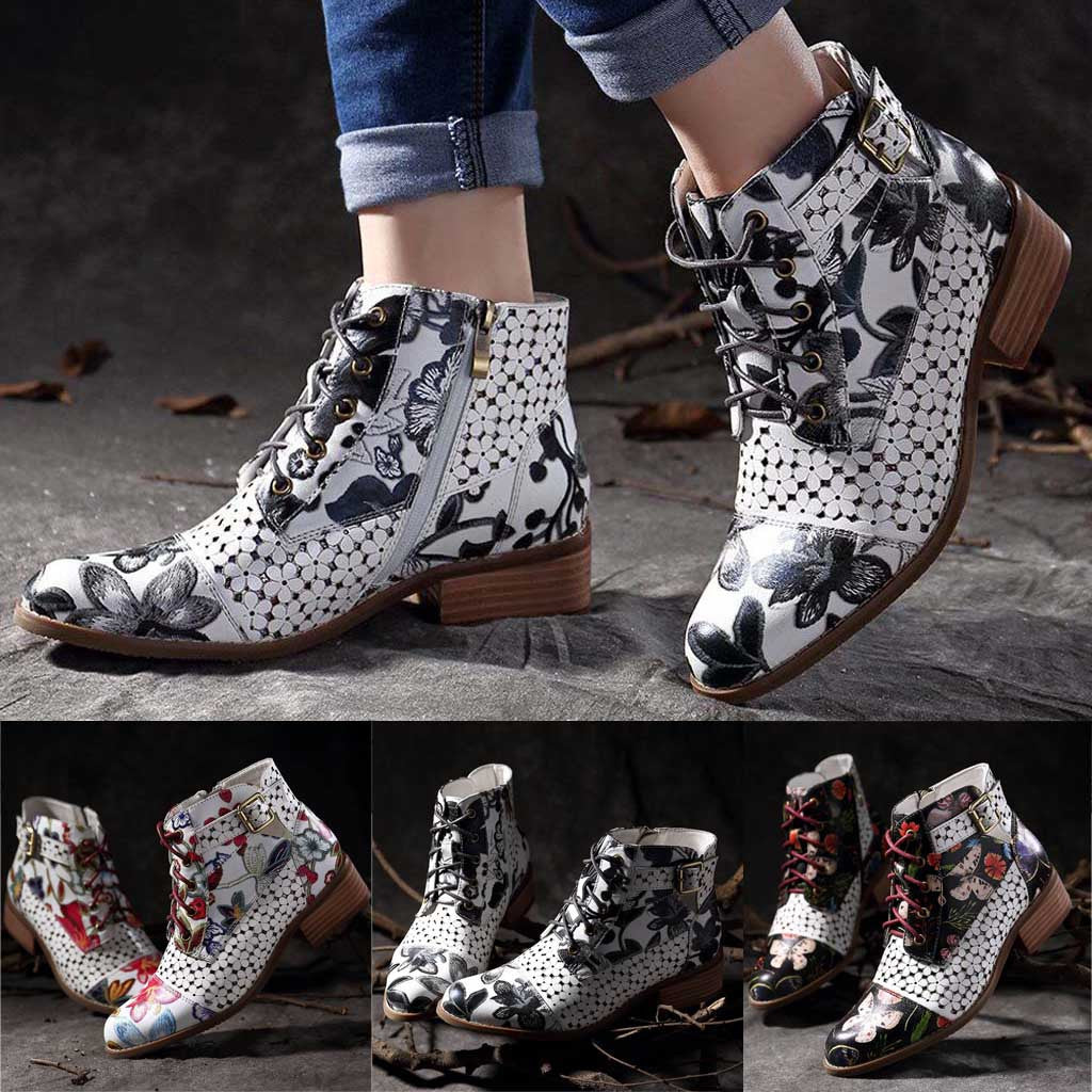 Floral Chunky Heel Martin Boots for Women