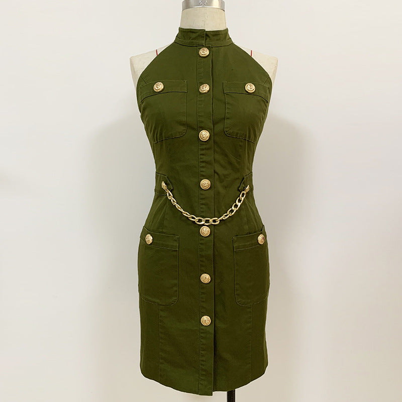 Green Cotton Backless Halter Dress with Lion Buttons Chain – Women's Unique Fashion