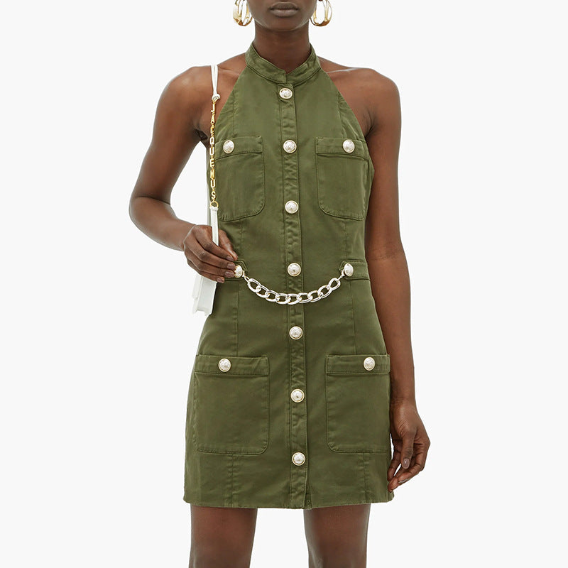 Green Cotton Backless Halter Dress with Lion Buttons Chain