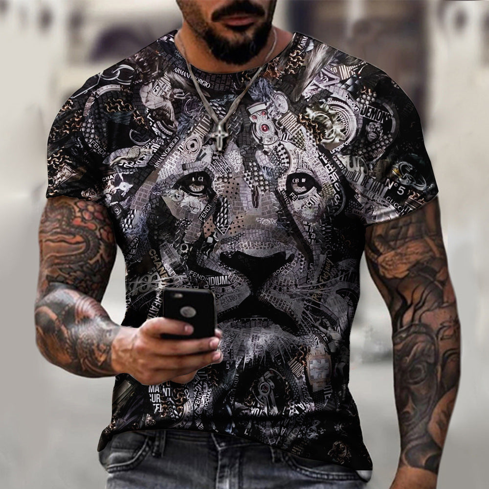 DigitalTech Lion Print Men's T-Shirt - Roaring Style for Tech Enthusiasts