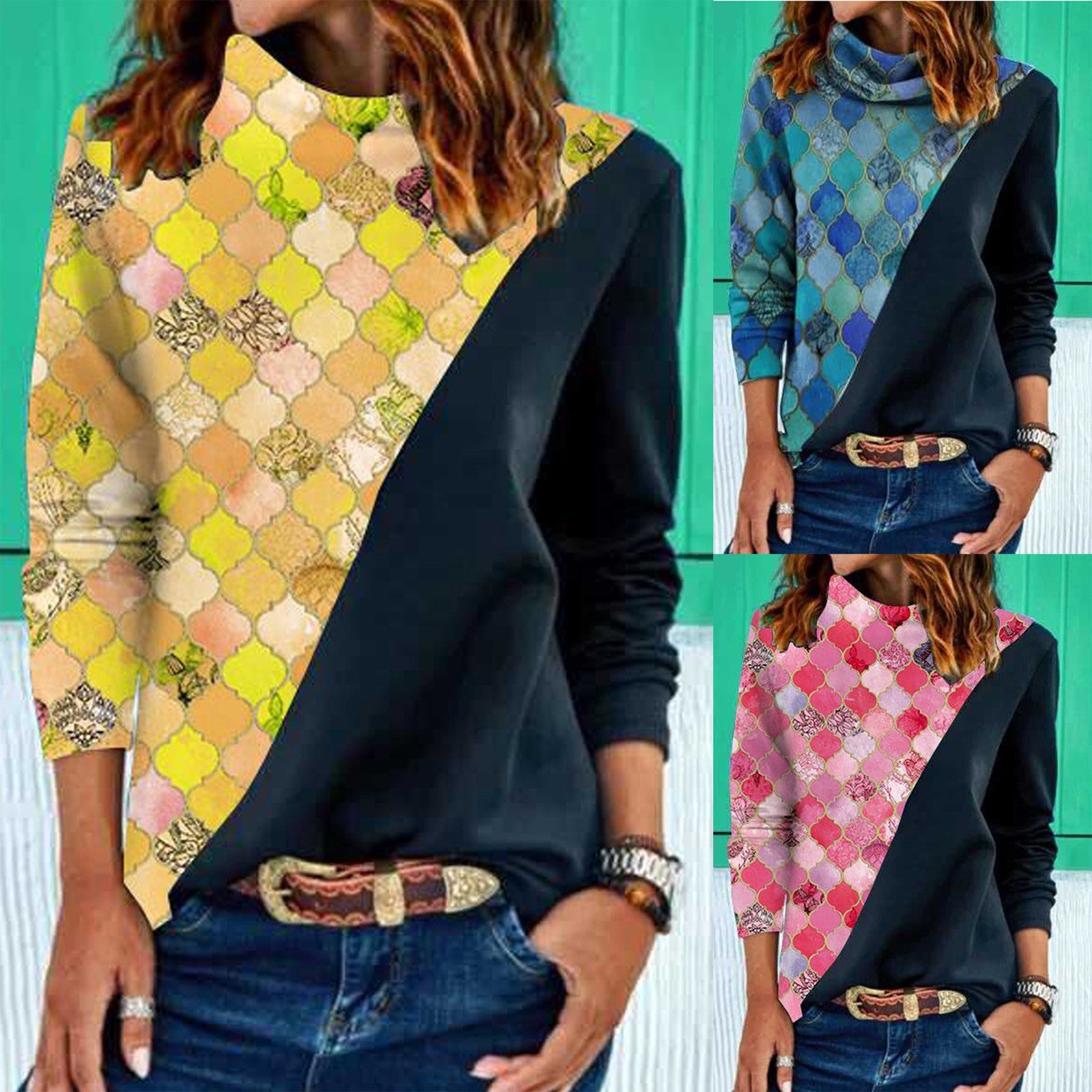 GeoChic Long Sleeve Heaped Collar Blouse - Women's Trendy Geometric Design