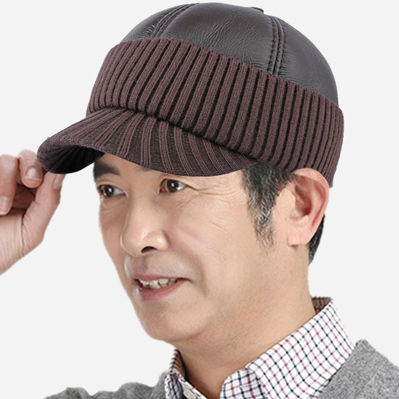 Men's Winter Leather Earflaps Warm PU Thickened Baseball Cap Hat
