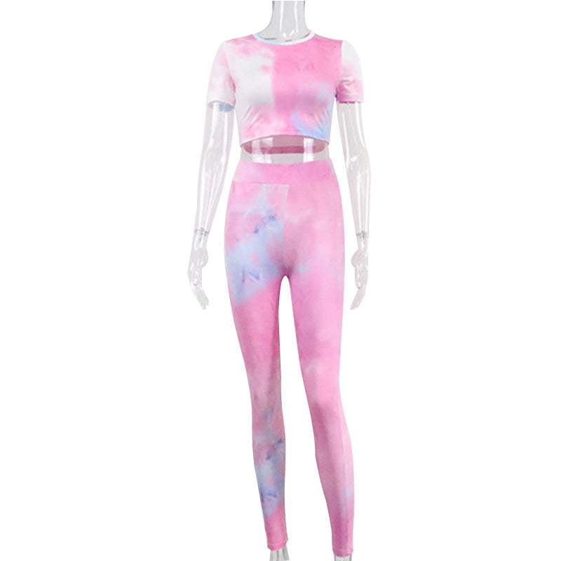 Printed short-sleeved hip leggings two-piece yoga suit