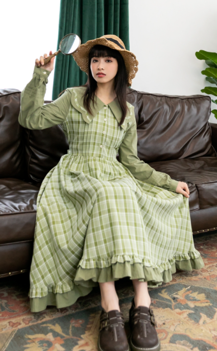 Loose Swing Skirt Mid Length Plaid Green Preppy Style