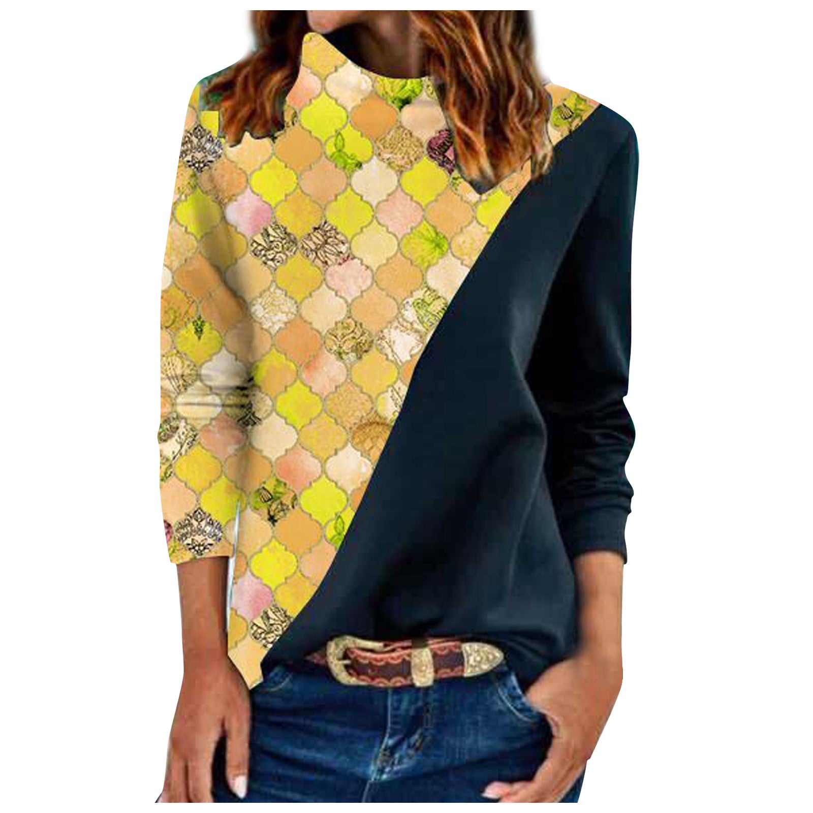 Women's Geometric Design Long Sleeve Heaped Collar Blouse