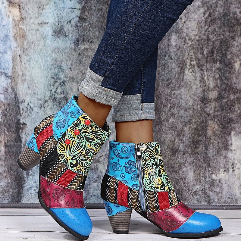 Printed Chunky Zipper Ankle Boots