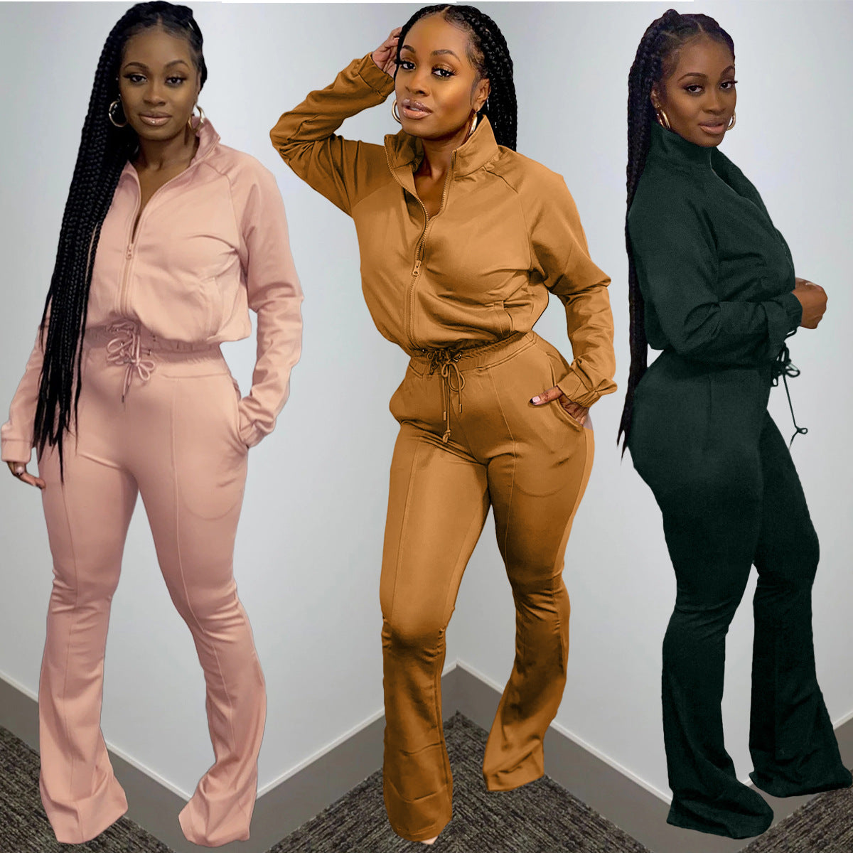 Women's Solid Color Athleisure Trousers Two Piece Set