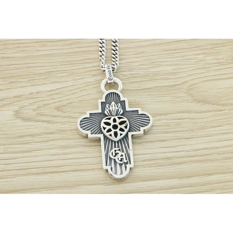 Sterling Silver Cherry Blossom Necklace Men's And Women's Vintage Cross Pendant