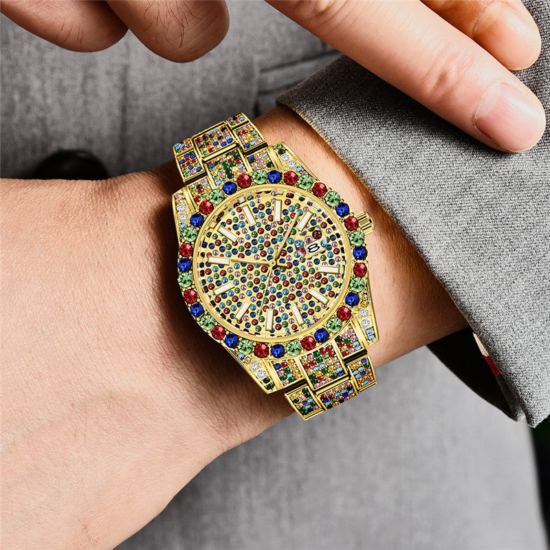 Hip Hop Colorful Diamond Date Quartz  Fashion Watch