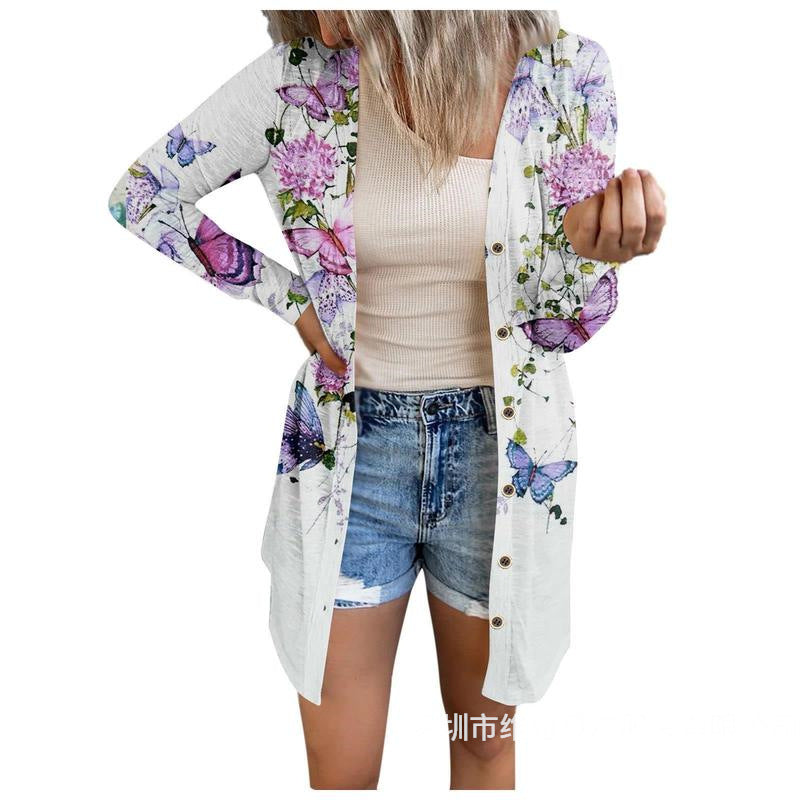 Plus Size Women's Floral Print Mid-length Coat