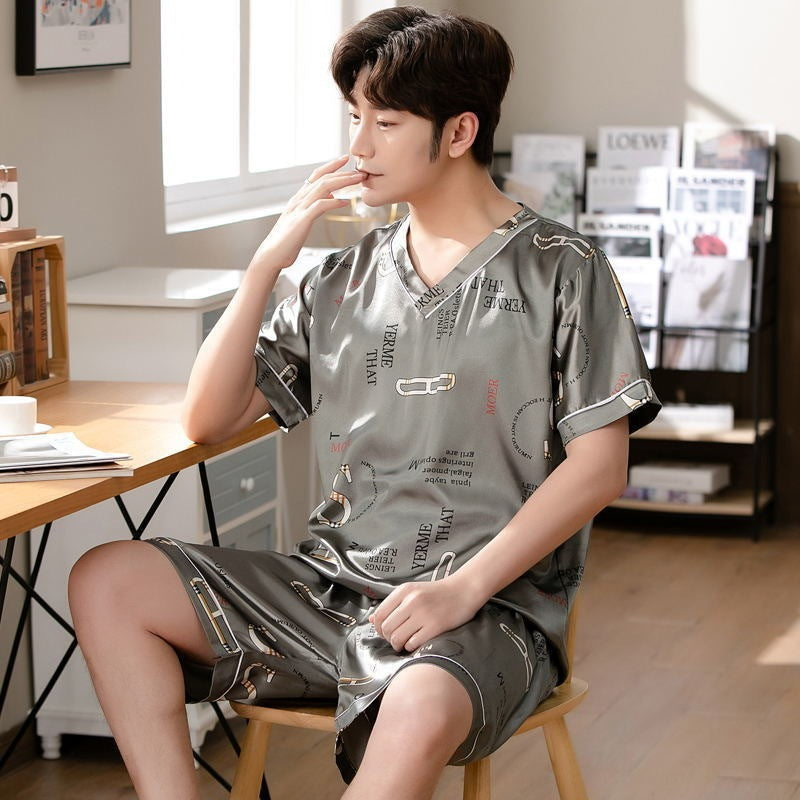 Men's Pajamas L-7XL Plus-sized Plus Size Summer V-neck Ice Silk Thin Fat Brother Loose Home Wear