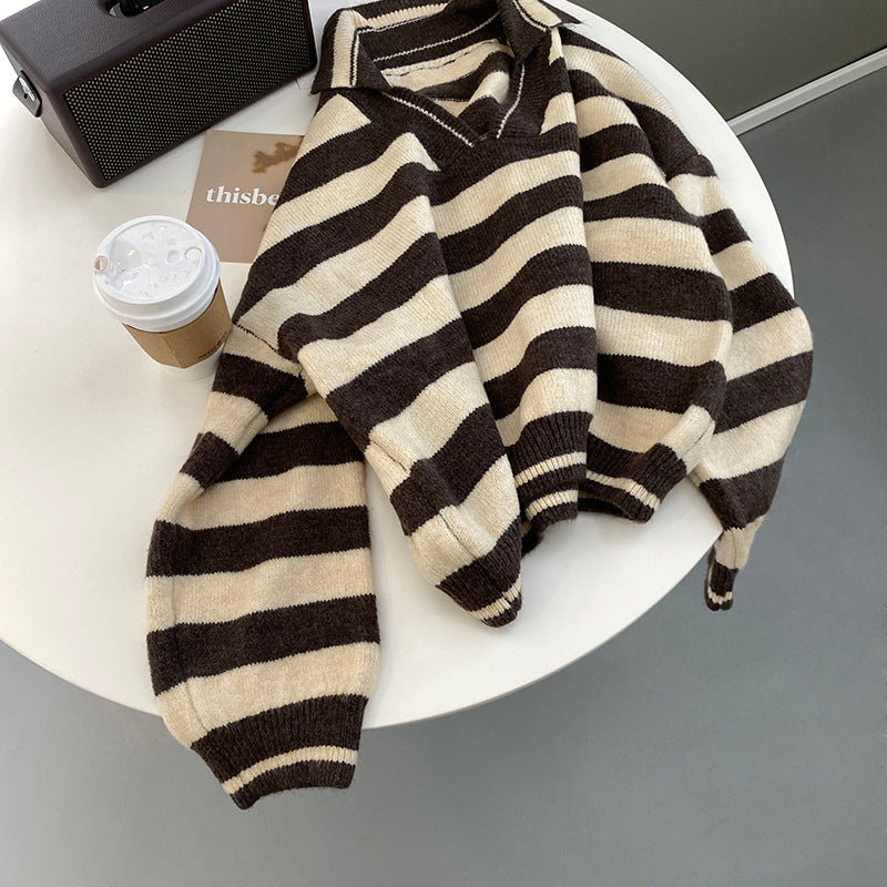 Lazy Style Striped Lapel Sweater