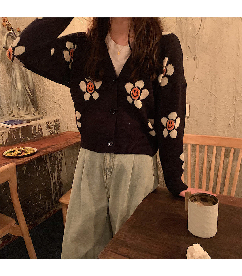 Interesting Flower Knitted Small Cardigan Jacket Preppy Style