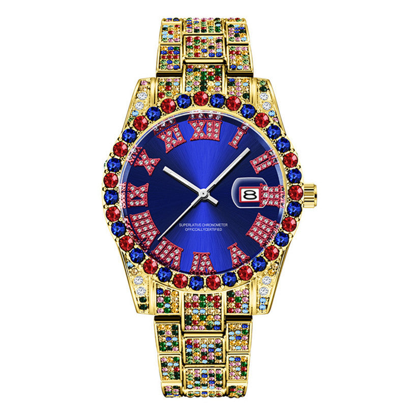 Hip Hop Colorful Diamond Date Quartz  Fashion Watch