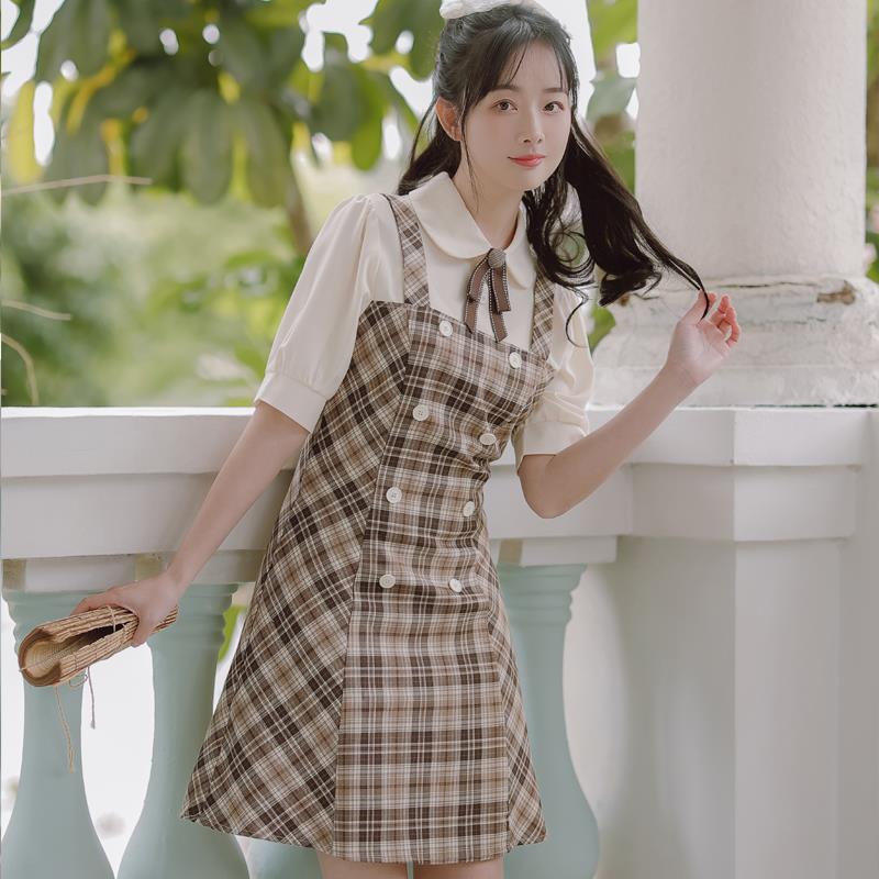 Real Shot French Fake Two-piece Plaid Dress Preppy Style