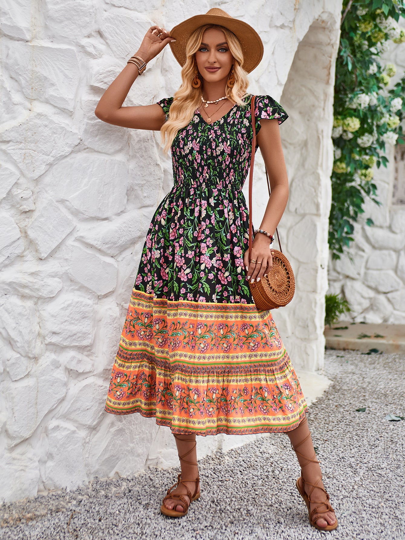 New Flowers Print V-neck Casual Ruffle Sleeveless Dresses